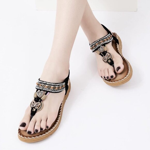 Women Flat Sandals Bohemian Rhinestone Comfort Summer Casual Outdoor - Picture 6 of 6